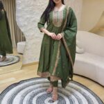 Elegant Roman Silk 3-Piece Anarkali Suit Set | Embroidered Gown with Dupatta & Pant | Full Stitched | Party Wear - Light Green
