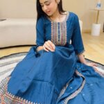 Elegant Roman Silk 3-Piece Anarkali Suit Set | Embroidered Gown with Dupatta & Pant | Full Stitched | Party Wear - Blue
