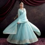 Heavy Embroidered Fox Georgette Gown with Pant & Dupatta Set | Fully Stitched Partywear - Blue