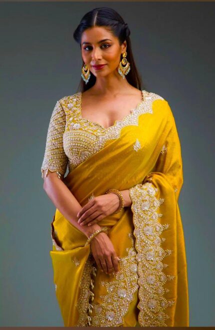 Mustard Yellow Crinkle Silk Saree with Silver Embroidery & Sequin Detailing