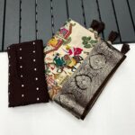 Elegant Pure Dola Silk Saree with Pichwai Kalamkari Design & Bandhani Pallu - Black
