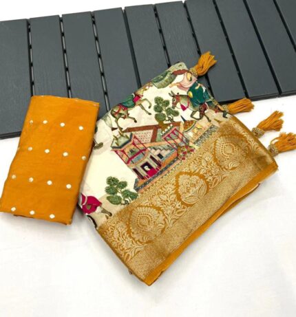 Elegant Pure Dola Silk Saree with Pichwai Kalamkari Design & Bandhani Pallu