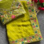 Shringar Bandhej Georgette Saree with Minakari Multi-Sequence Border - Light Neon Green