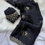 Pure soft Rangoli saree with  embroidery work saree c pallu with running embroidery blouse - Black
