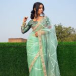 PANI Premium Net Saree with Heavy Embroidery, Dori & Sequins Work + Hand-Diamond Border - Light Green