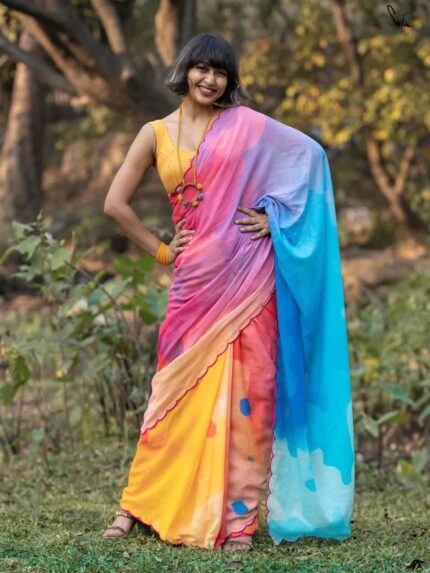 Premium Digital Printed Linen Saree with Cutwork Border