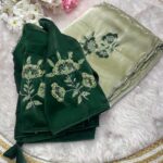 Luxury Jimmy Choo Satin Saree with Intricate Khatli Handwork & Arco Border - Light Green