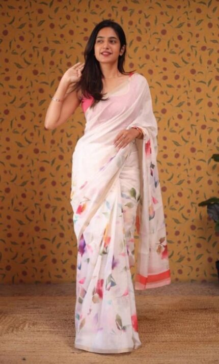 Elegant Digital Printed Linen Saree