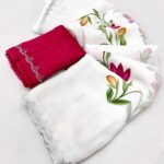Soft Georgette Saree with Lotus Handbrush Print and Siroski Cutwork Border - White