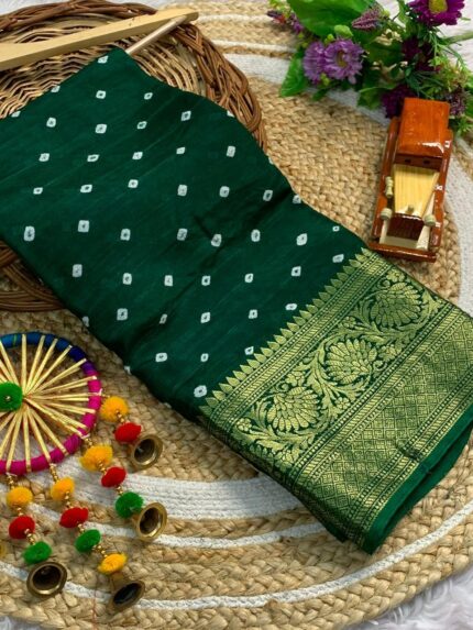 Pure Bandhej Silk Saree with Kanchipuram Zari Border
