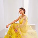 Premium Organza Teby Silk Saree – Floral Prints & Hand Khatli Work - Yellow