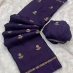 Elegant Viscose Khadi Silk Saree – Jacquard Leaf Design & Satin Border - Navy Blue