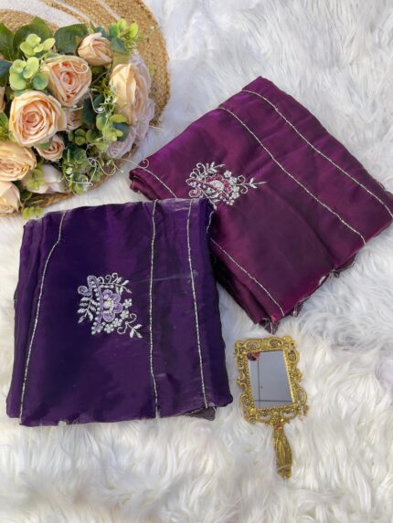 Pure Soft Jimmy Choo Silk Saree – Hand Khatli & Cutdana Embellished Elegance
