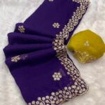 Crunchy Chiffon Crush Silk Saree With Embroidery, Moti Work - Blue